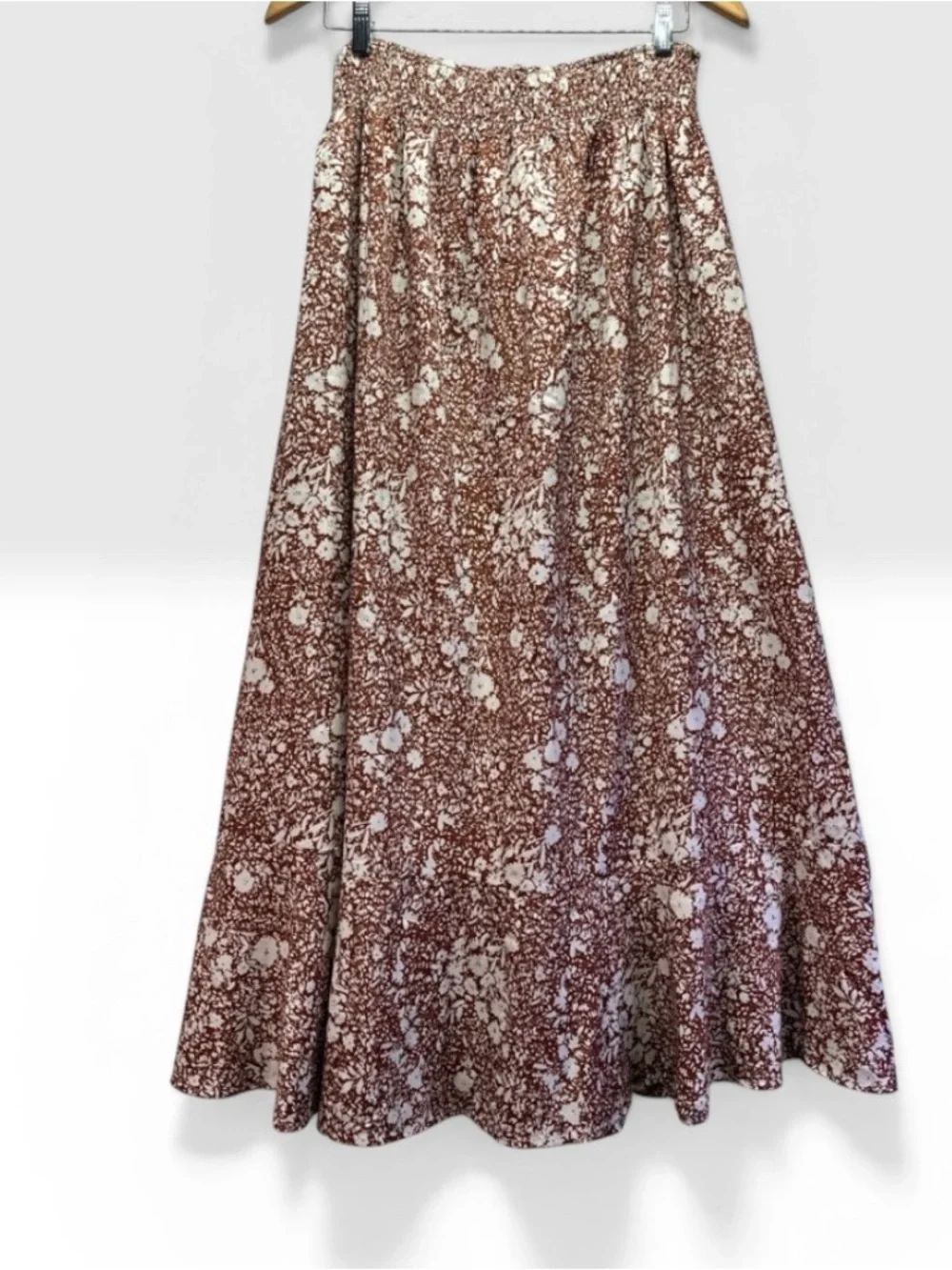 The Main Street Exchange Women’s Maxi Floral Skirt Brown Base White floral L NWT - Picture 5 of 15